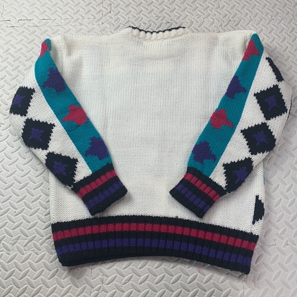 VINTAGE Awesome Pattern Sweater Purple Turquoise '80s Knit - Picture 6 of 6